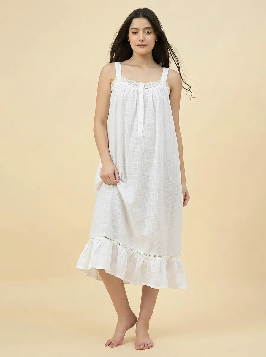 The Kaftan Company Nightdress White Cotton Strappy Nightdress with Lace Trim and Ruffle Hem