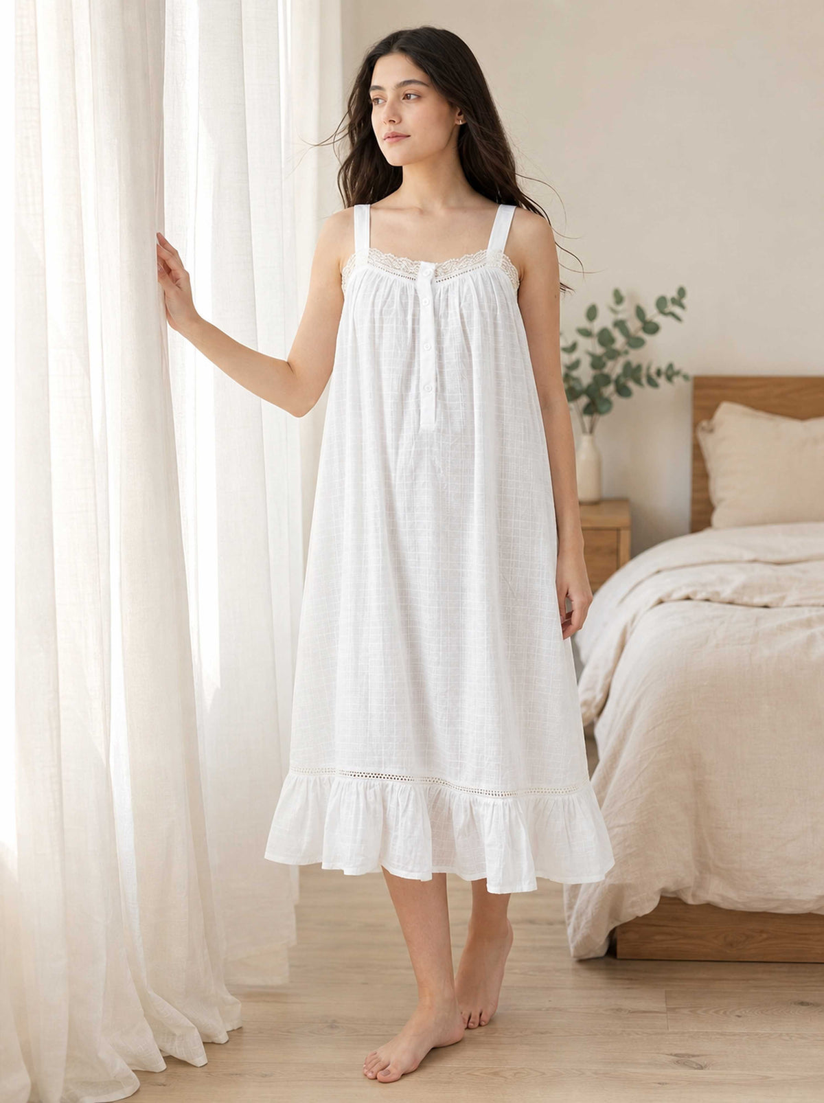 The Kaftan Company Nightdress White Cotton Strappy Nightdress with Lace Trim and Ruffle Hem