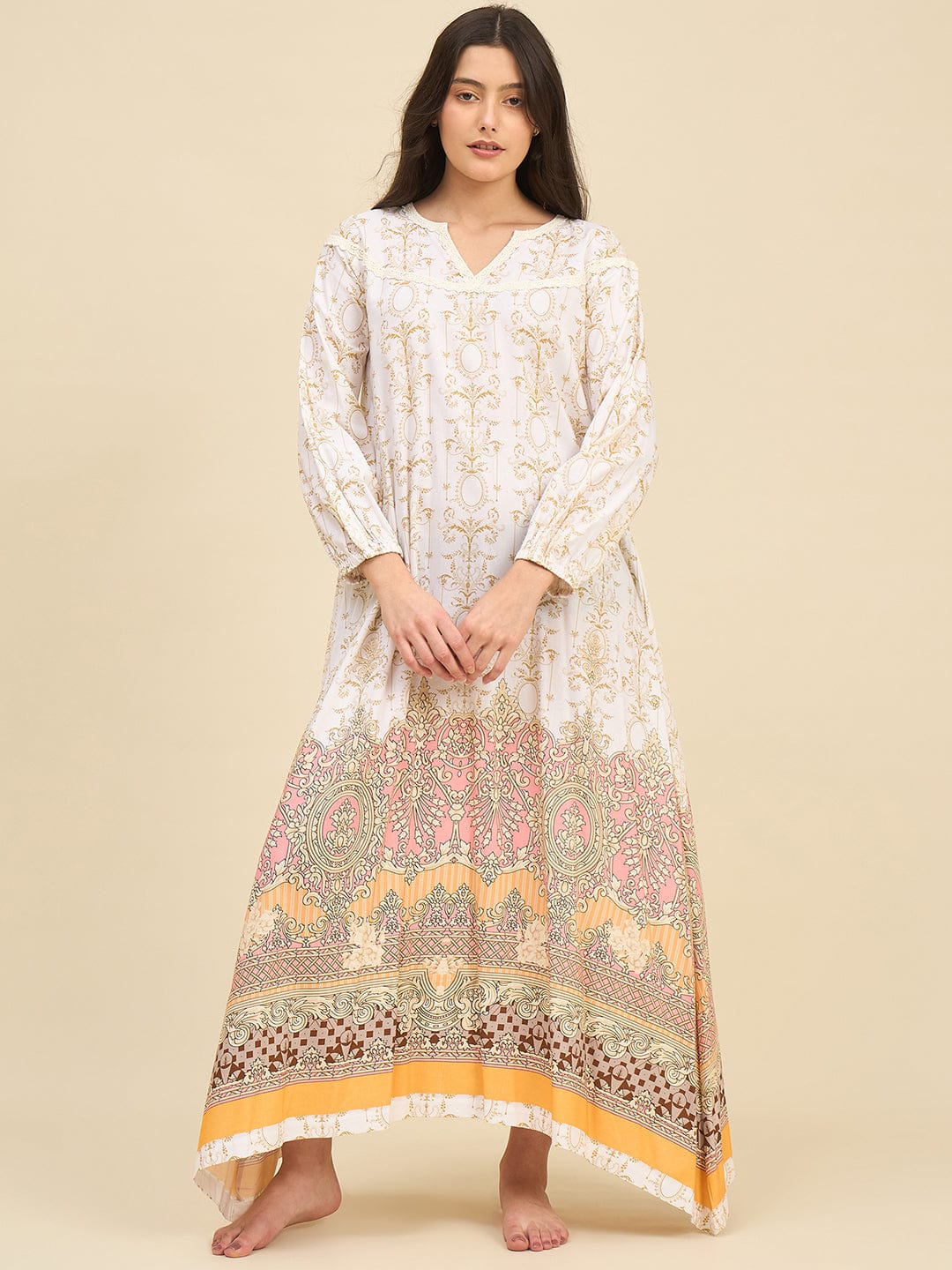 The Kaftan Company Nightdress White Cotton Viscose Nightdress with Gold Baroque Print & Lace Detail