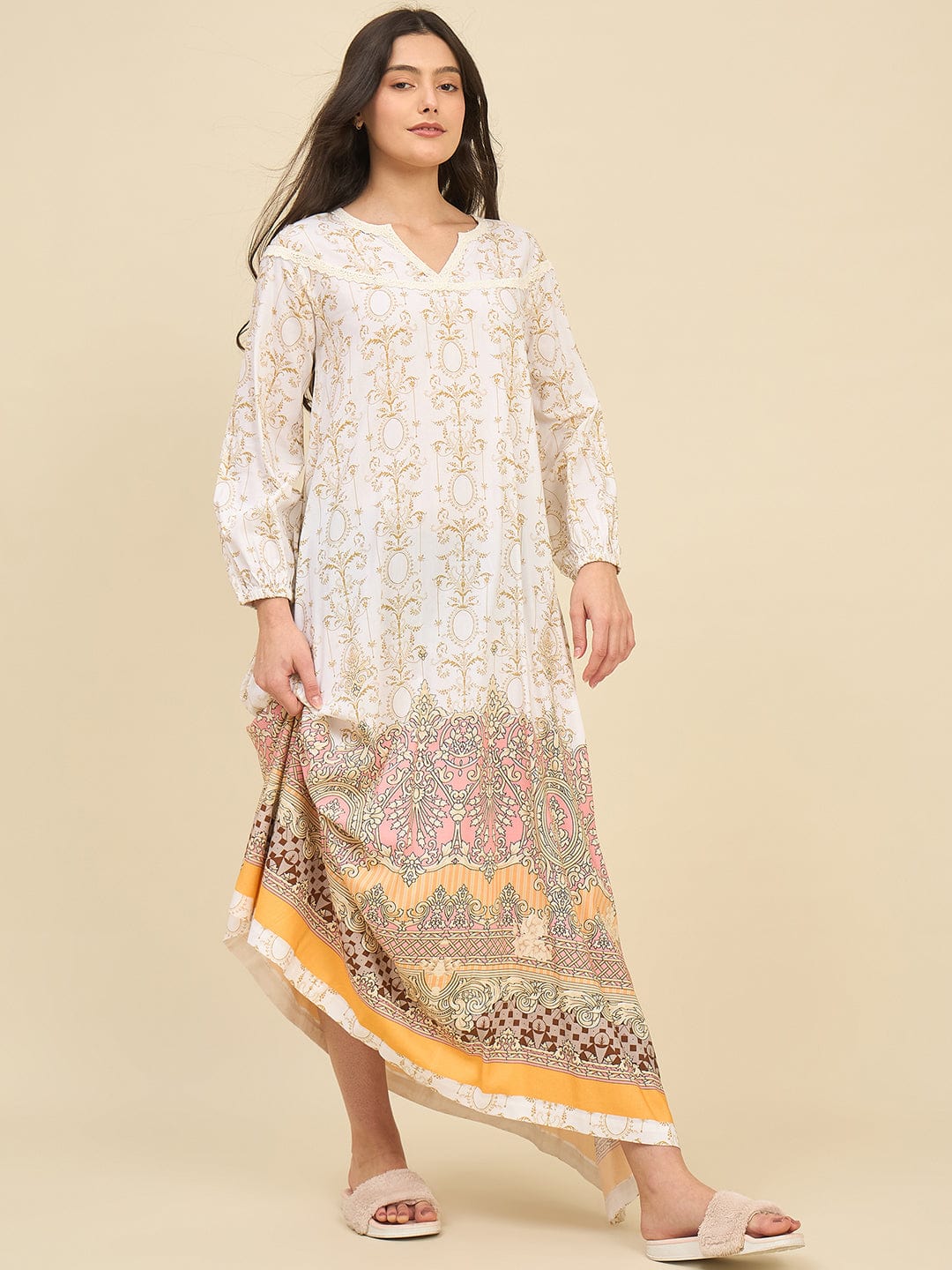 The Kaftan Company Nightdress White Cotton Viscose Nightdress with Gold Baroque Print & Lace Detail