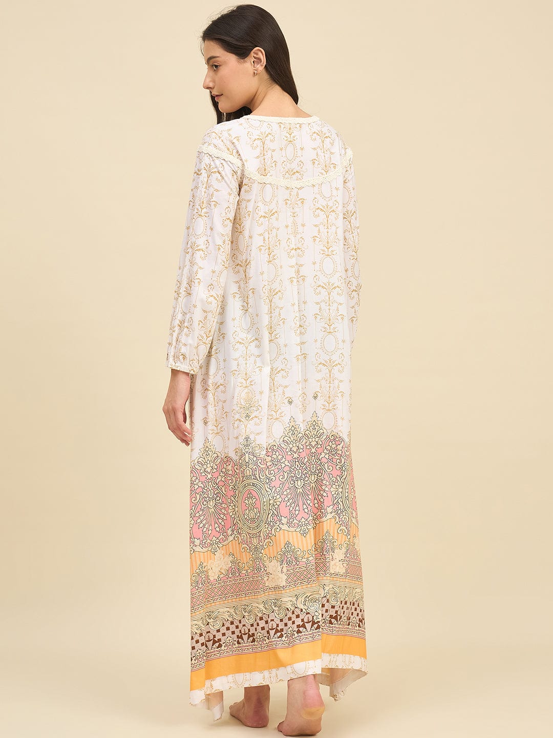The Kaftan Company Nightdress White Cotton Viscose Nightdress with Gold Baroque Print & Lace Detail
