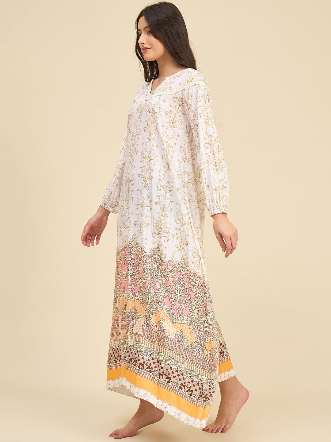 The Kaftan Company Nightdress White Cotton Viscose Nightdress with Gold Baroque Print & Lace Detail