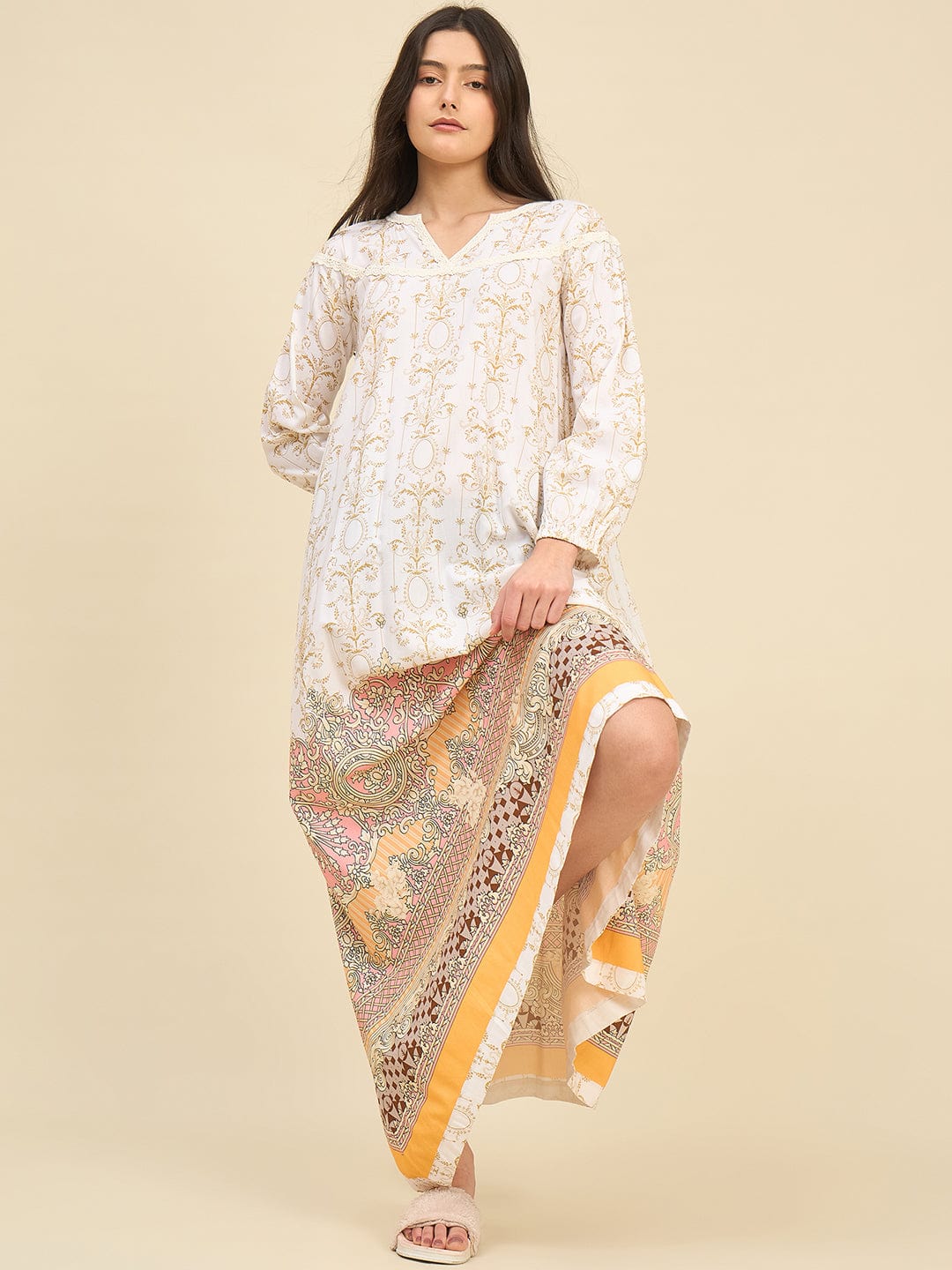 The Kaftan Company Nightdress White Cotton Viscose Nightdress with Gold Baroque Print & Lace Detail