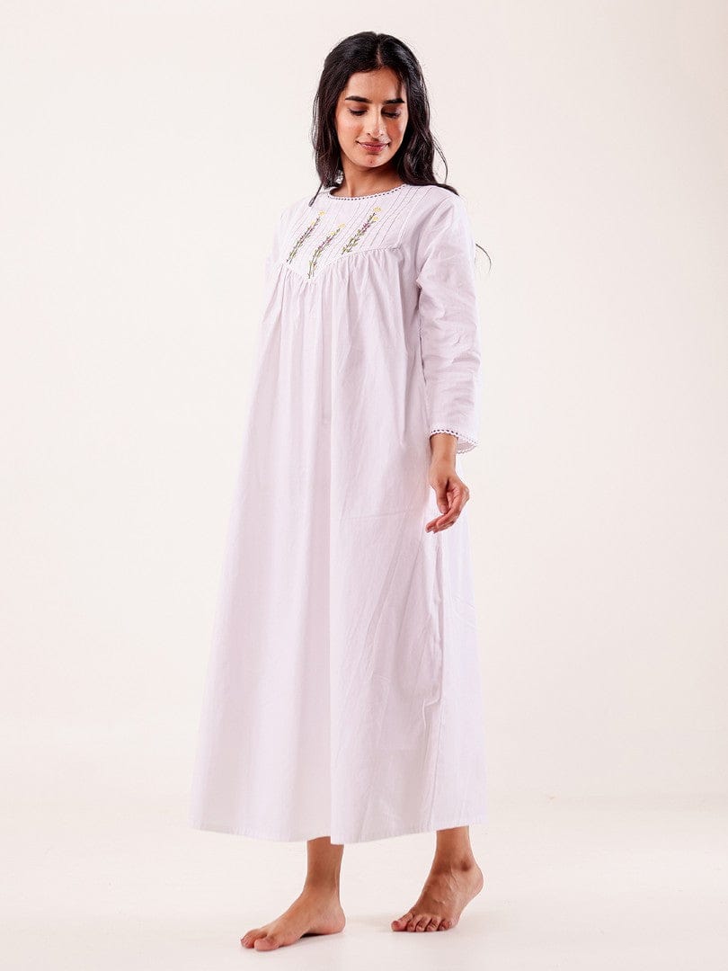 The Kaftan Company Nightdress White Hand Embroidered Cotton Nightdress