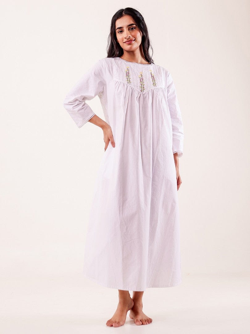 The Kaftan Company Nightdress White Hand Embroidered Cotton Nightdress