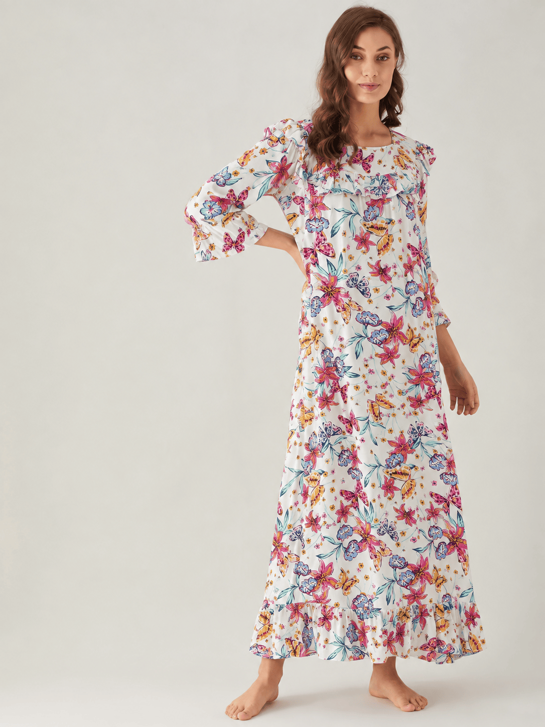The Kaftan Company Nightdress White Lily and Butterfly Print Viscose Nightdress with Ruffle Yoke
