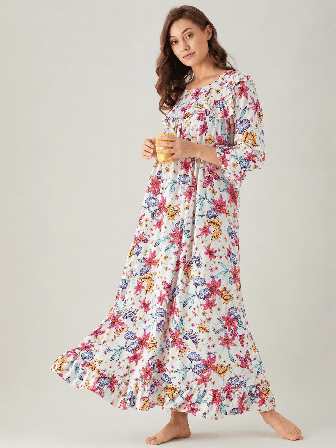 The Kaftan Company Nightdress White Lily and Butterfly Print Viscose Nightdress with Ruffle Yoke