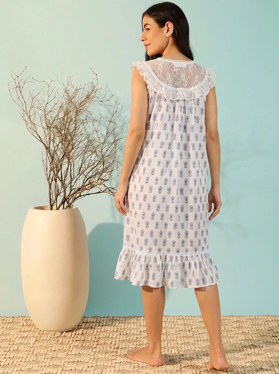 The Kaftan Company Nightdress White Pineapple Print Cotton Nightdress with Lace Yoke and Ruffle Hem