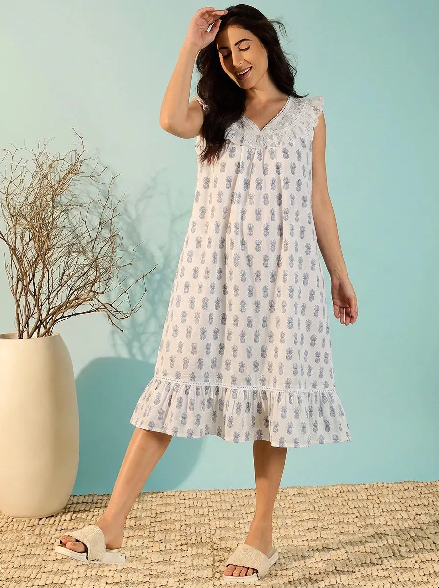 The Kaftan Company Nightdress White Pineapple Print Cotton Nightdress with Lace Yoke and Ruffle Hem