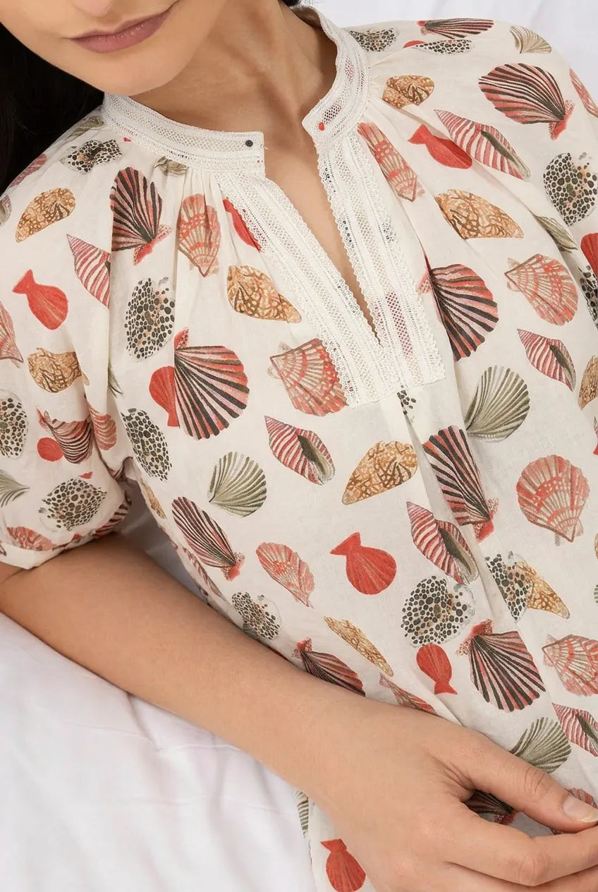 The Kaftan Company Nightdress White Seashell Print Modal Nightdress with Lace Neckline