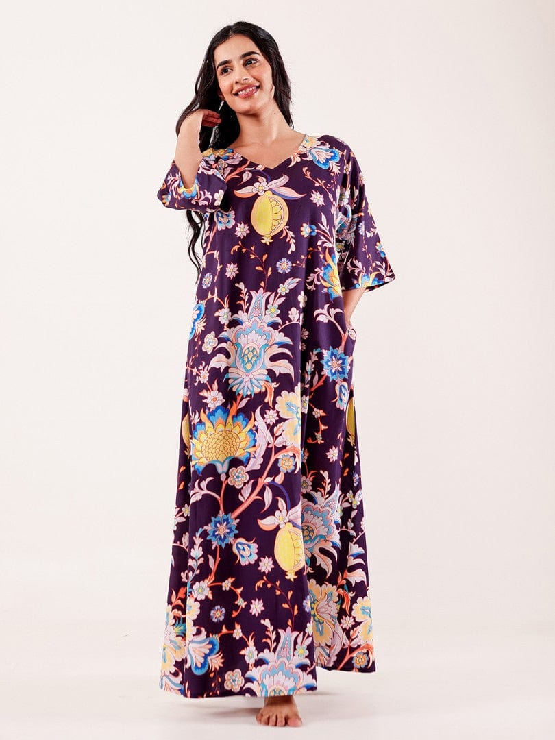 The Kaftan Company Nightdress Wine Floral Printed Modal Nightdress