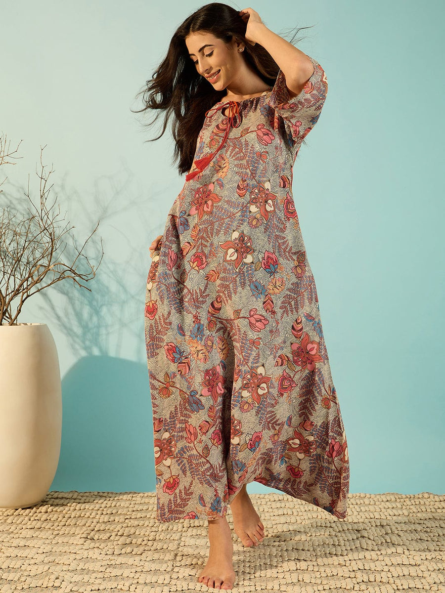 The Kaftan Company Women Turning Leaves Soft Modal Flowy Night Dress M