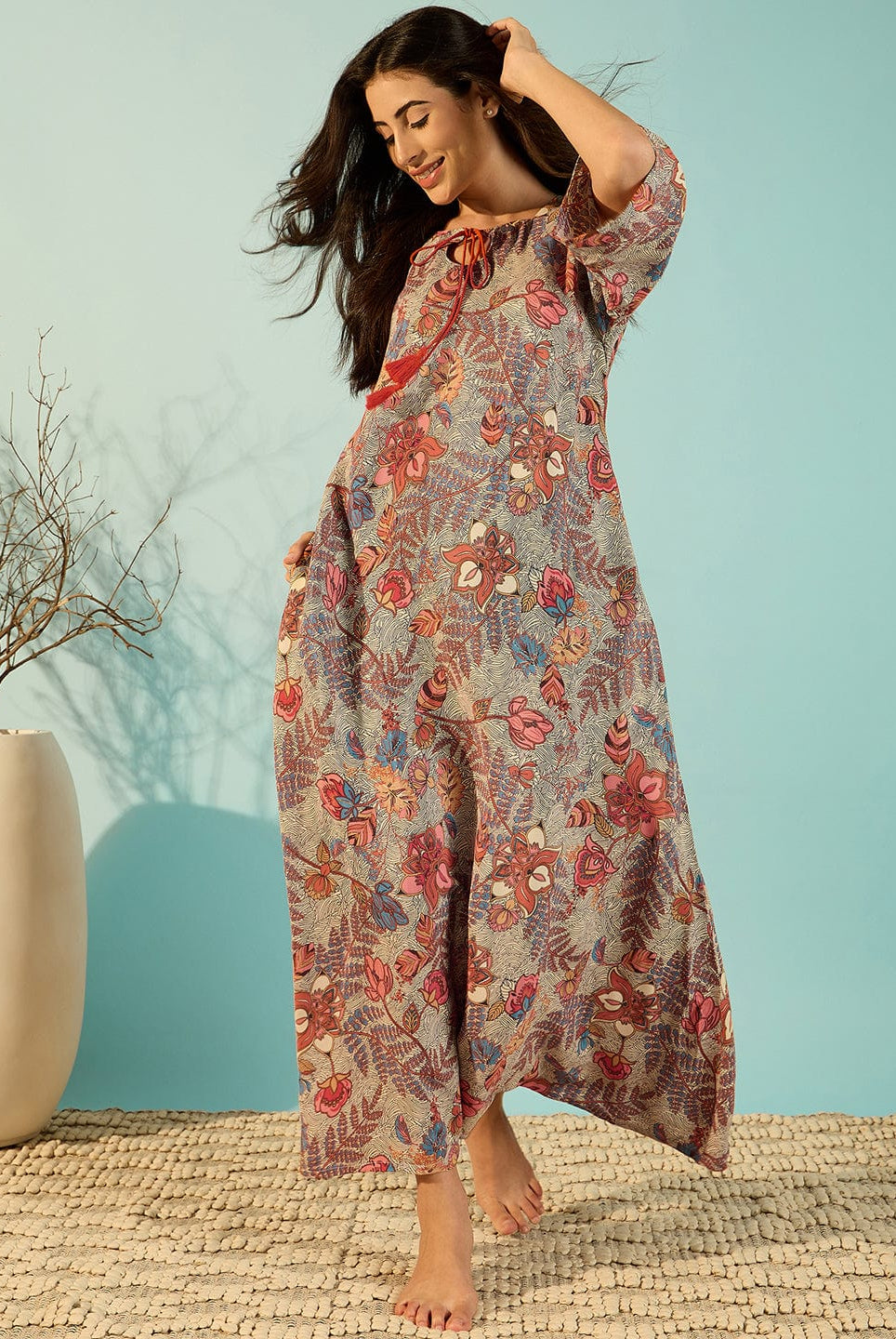The Kaftan Company Nightdress Women Turning Leaves Soft Modal Flowy Night Dress