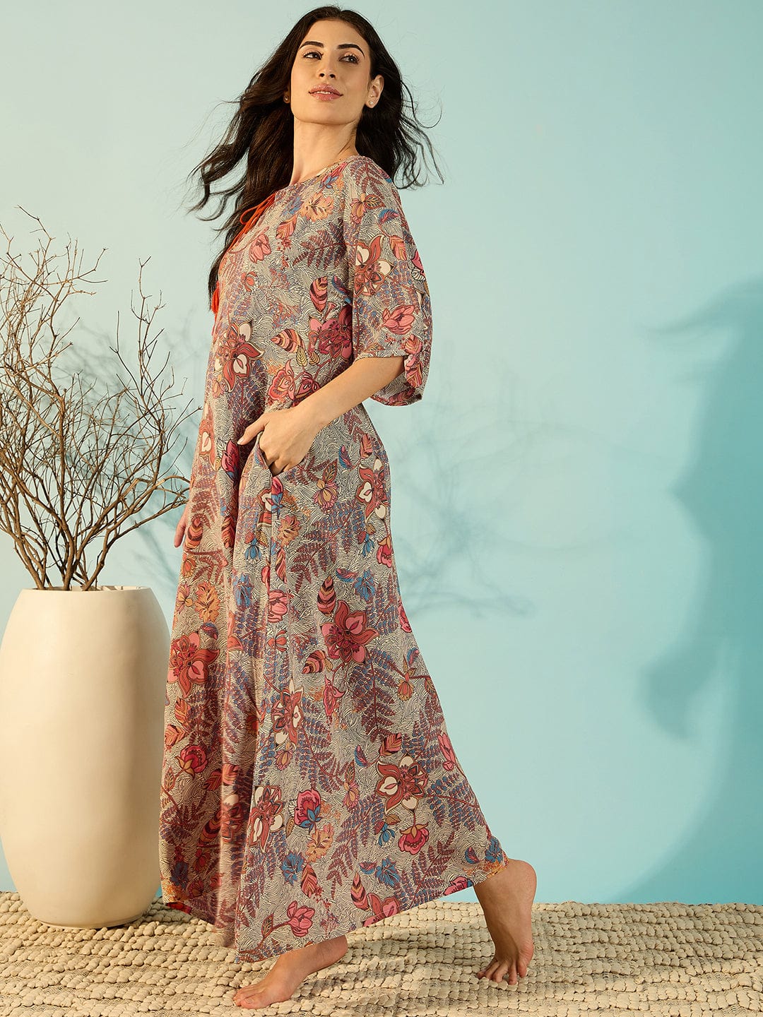 The Kaftan Company Nightdress Women Turning Leaves Soft Modal Flowy Night Dress