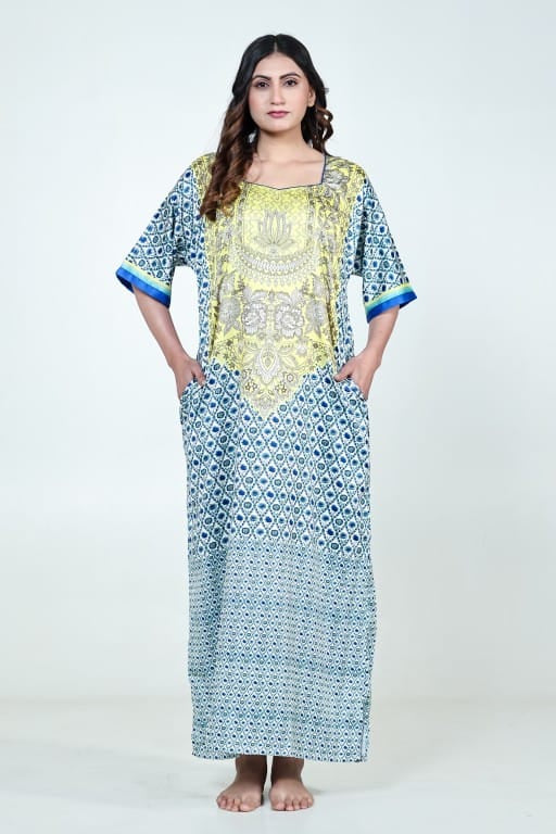 The Kaftan Company Nightdress Yellow & Blue Printed Satin Nightdress with Pockets