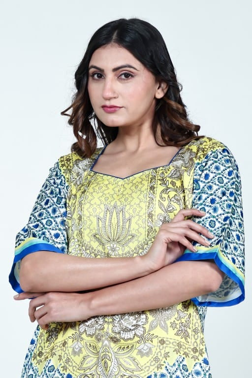 The Kaftan Company Nightdress Yellow & Blue Printed Satin Nightdress with Pockets