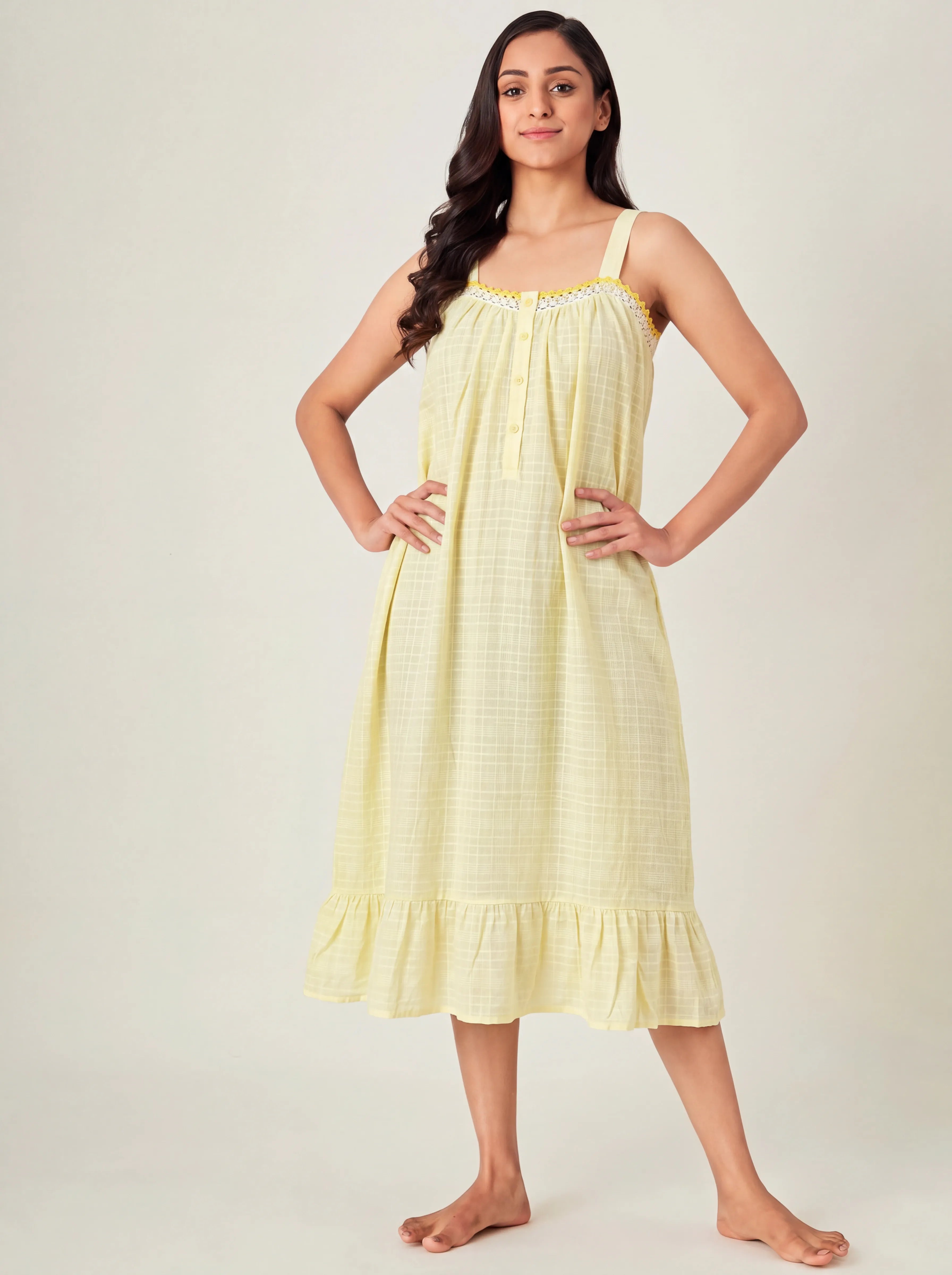 The Kaftan Company Nightdress Yellow Check Print Cotton Negligee with Lace Trim
