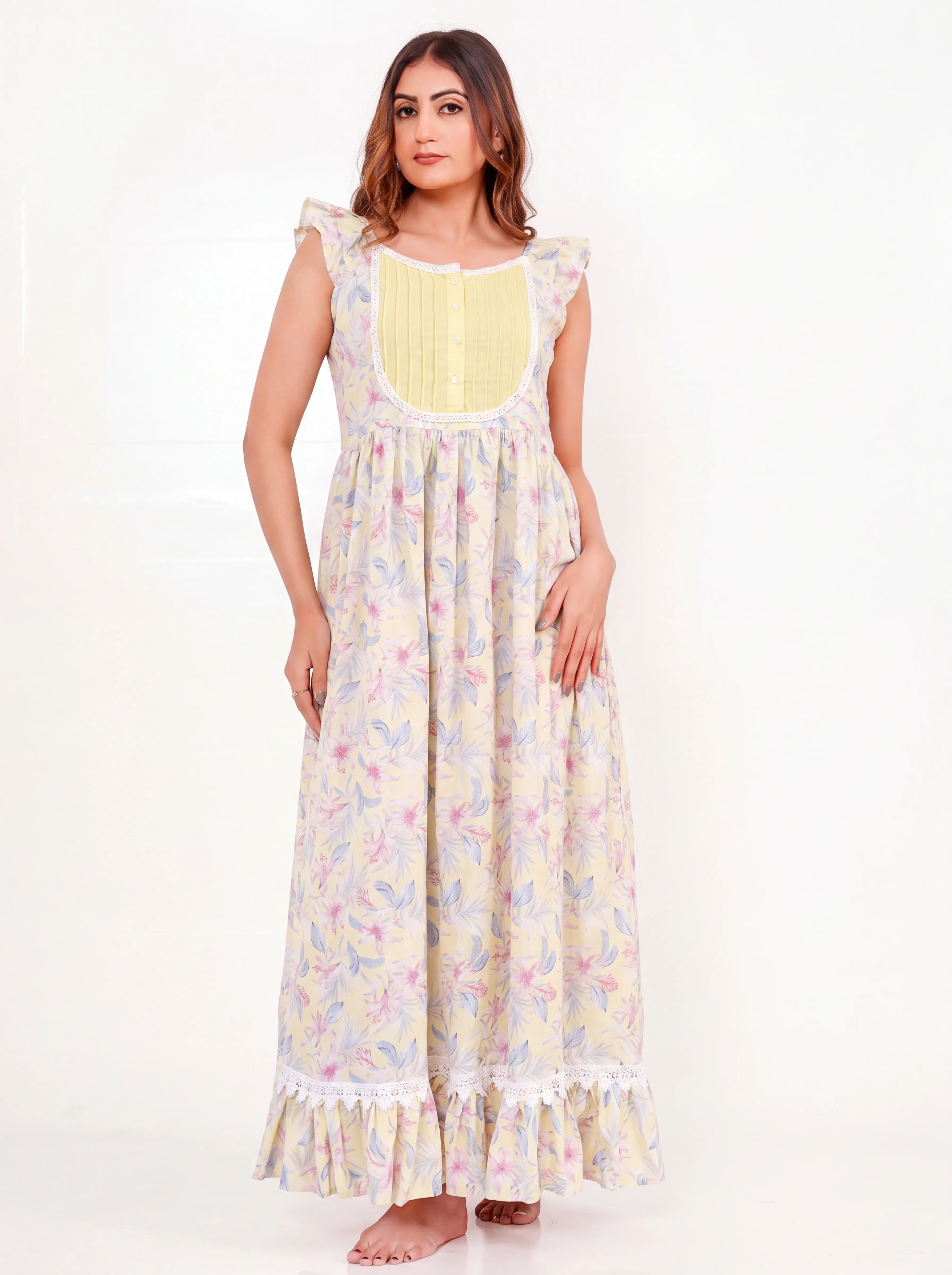 The Kaftan Company Nightdress Yellow Floral Print Cotton Nightdress