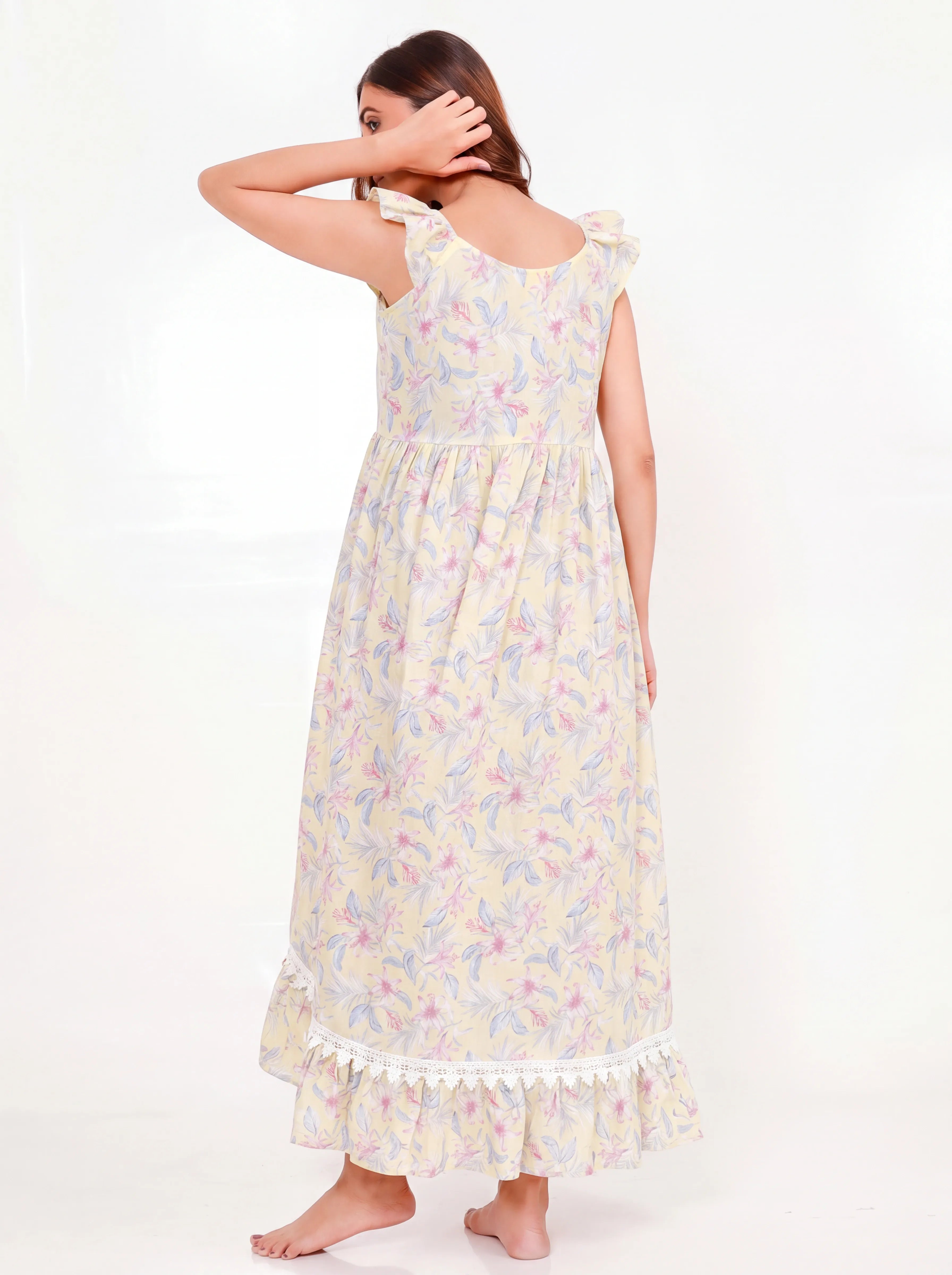 The Kaftan Company Nightdress Yellow Floral Print Cotton Nightdress