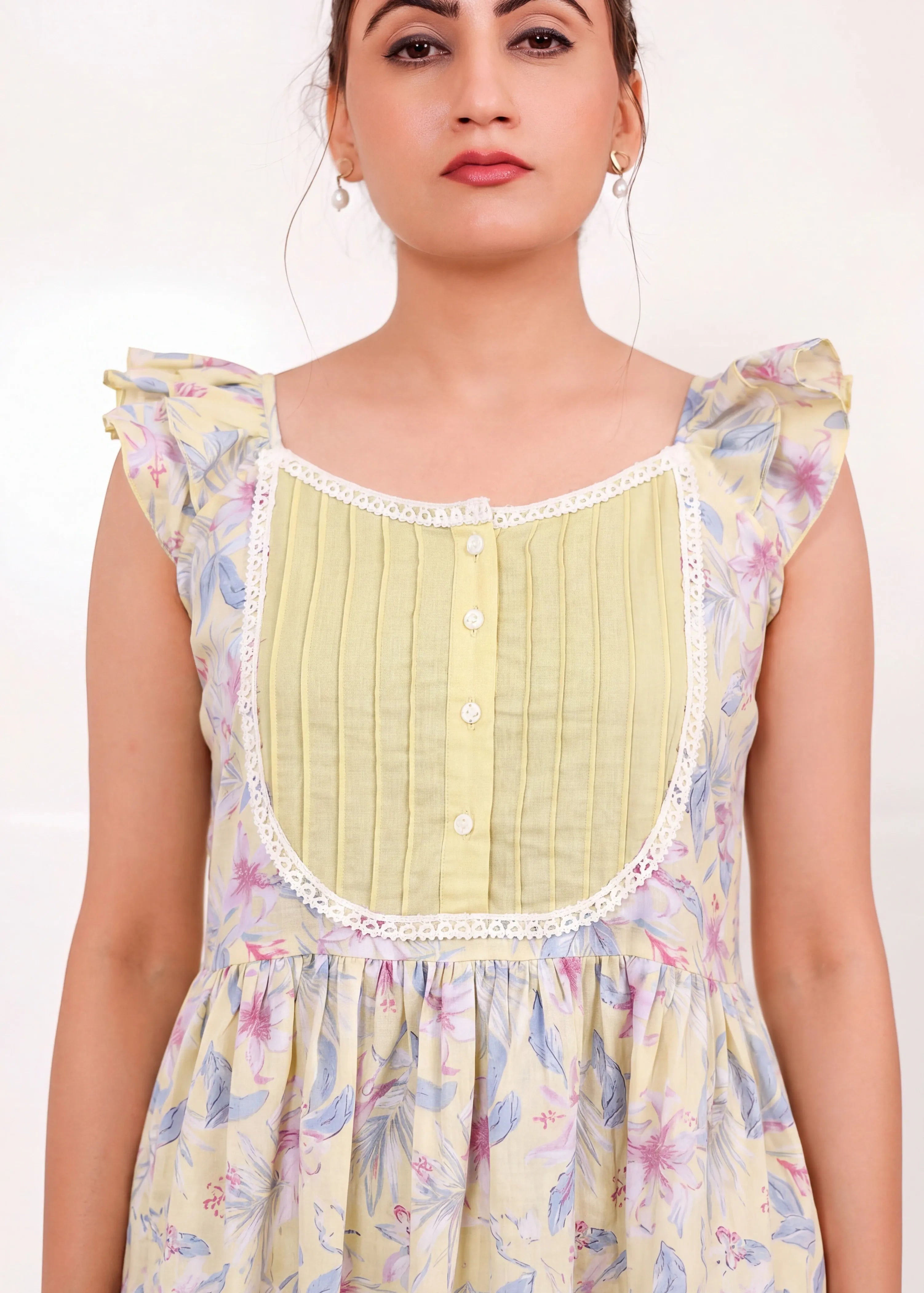 The Kaftan Company Nightdress Yellow Floral Print Cotton Nightdress
