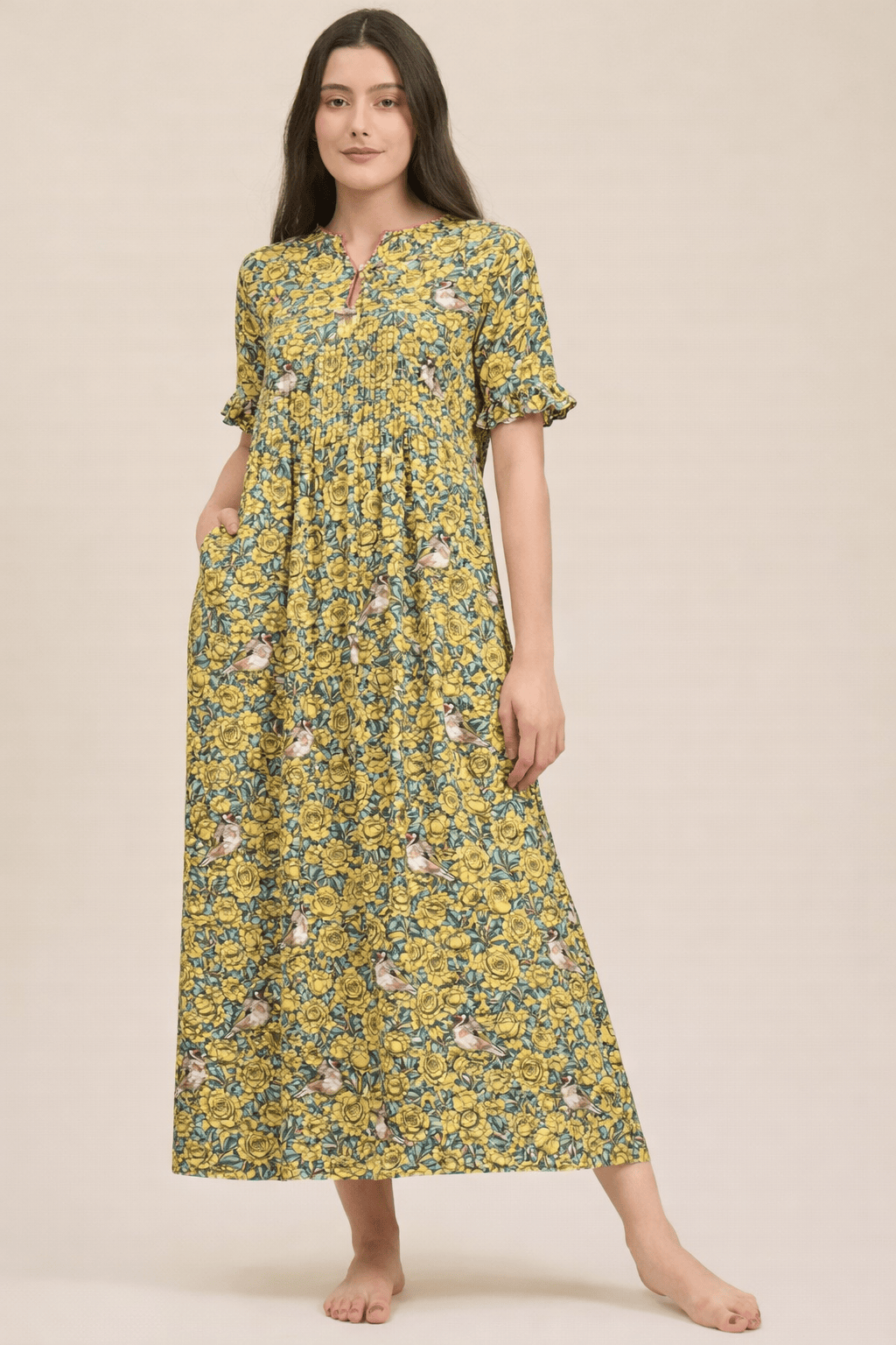 The Kaftan Company Nightdress Yellow Floral Print Modal Nightdress with Pintuck