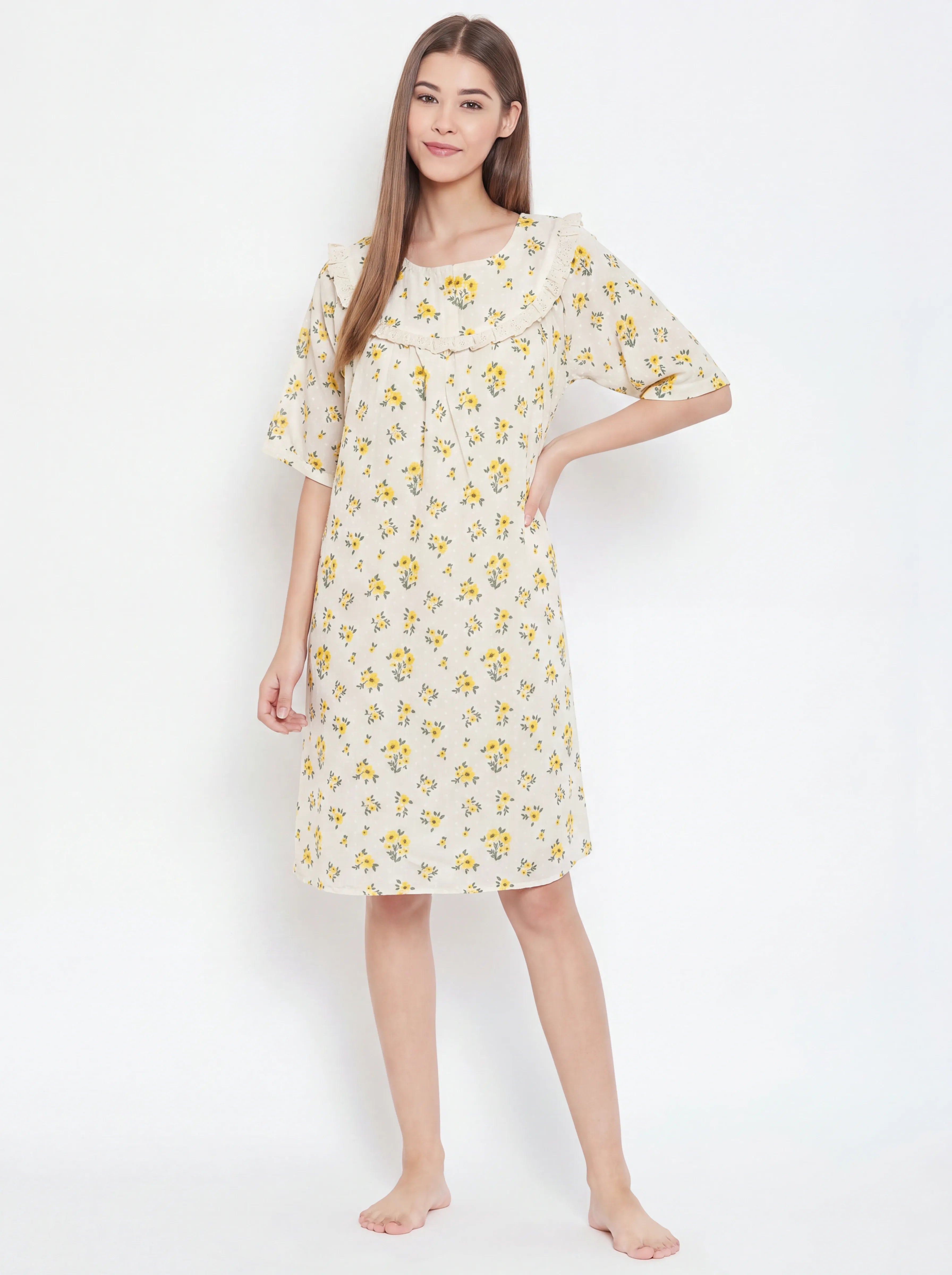 The Kaftan Company Nightdress Yellow Floral Short Cotton Nightdress