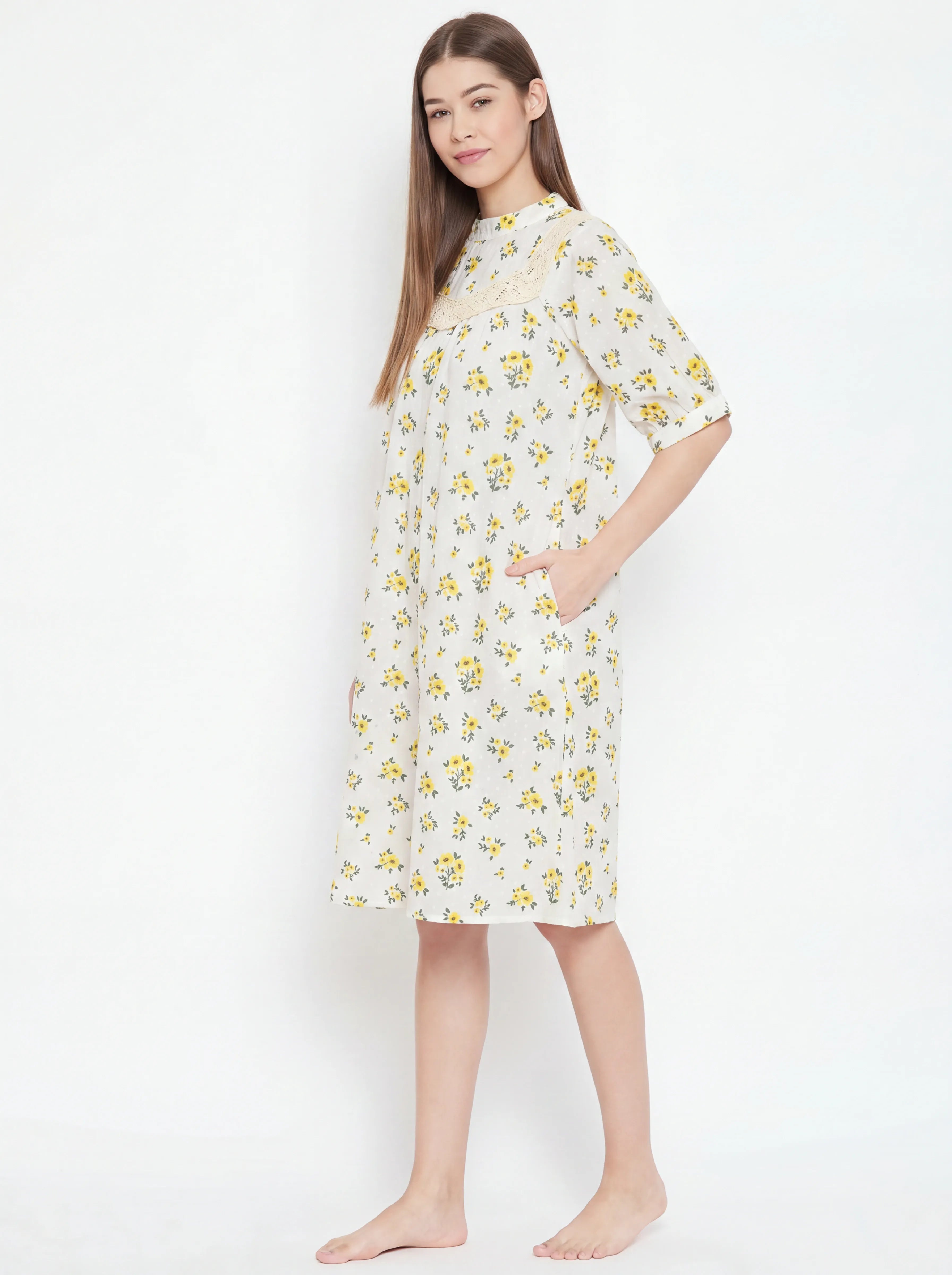 The Kaftan Company Nightdress Yellow Floral Short Cotton Nightdress