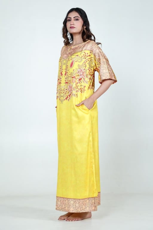 The Kaftan Company Nightdress Yellow Ombre Printed Satin Nightdress with Pockets