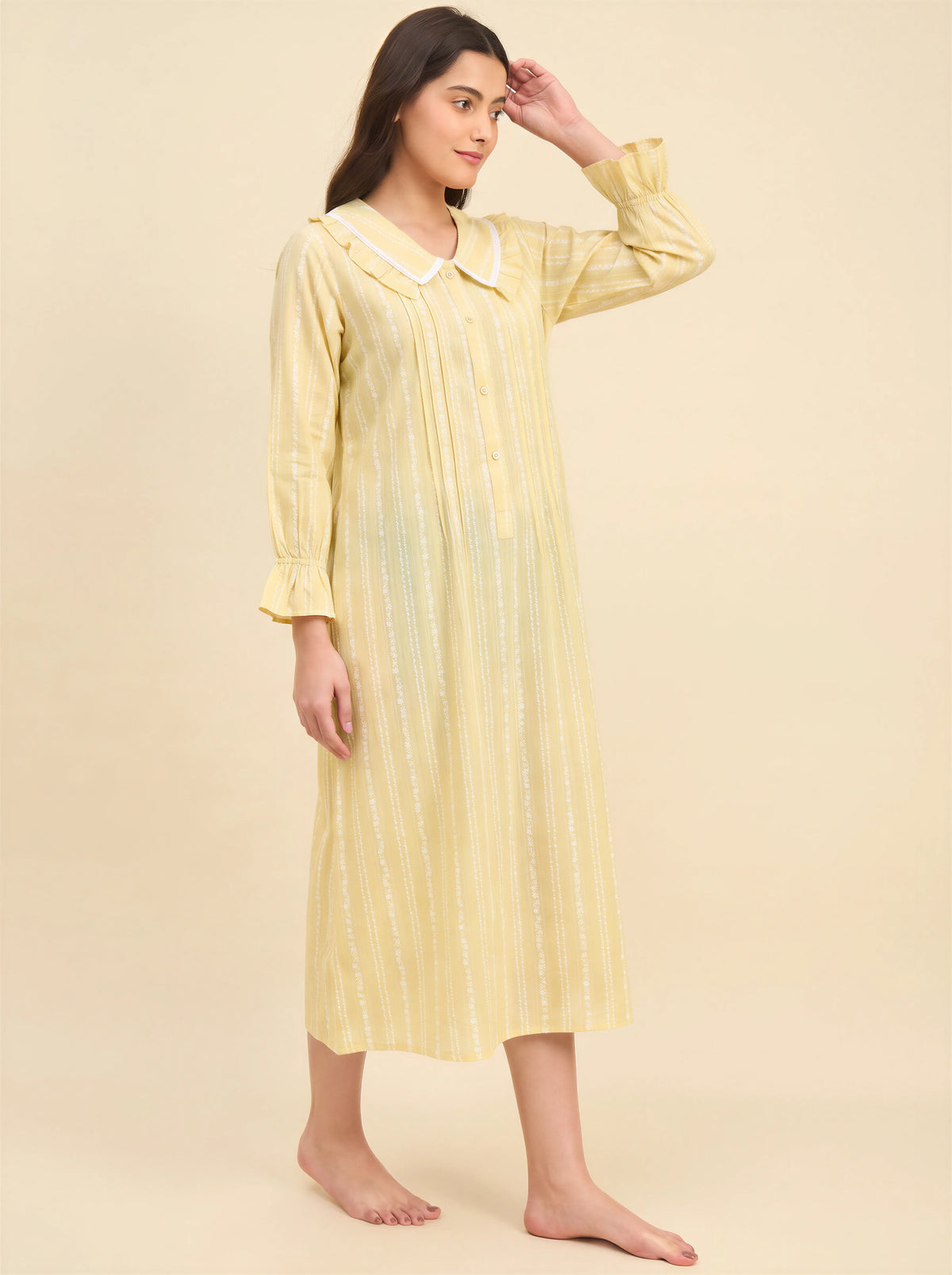 The Kaftan Company Nightdress Yellow Striped Nightdress with Ruffle Collar
