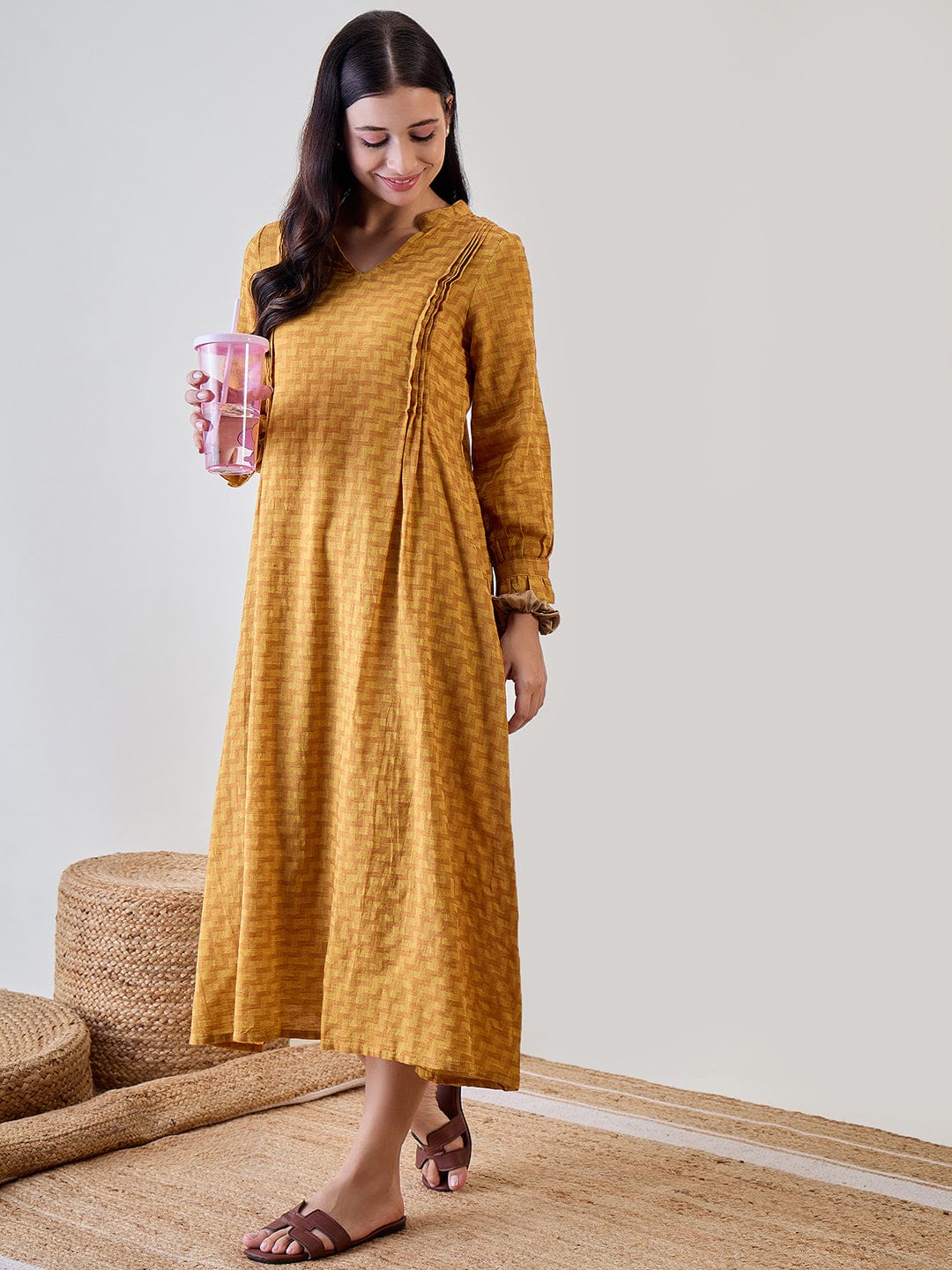 The Kaftan Company Nightdress Yellow Zig Zag Printed Cotton Nightdress