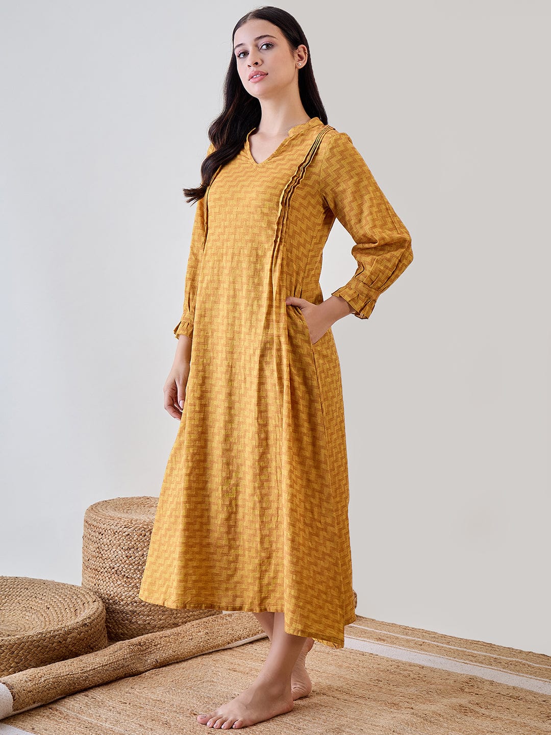 The Kaftan Company Nightdress Yellow Zig Zag Printed Cotton Nightdress