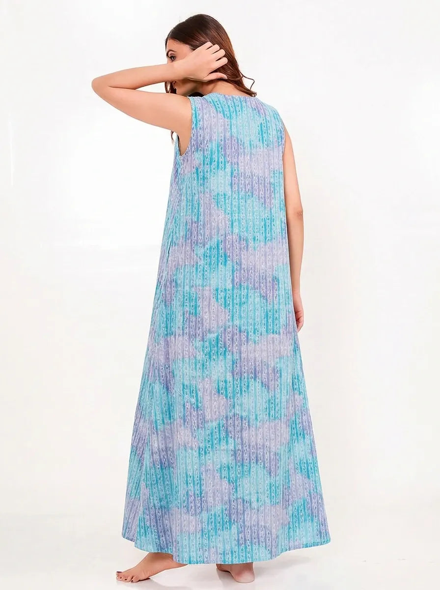 The Kaftan Company Nightwear Blue Watercolour Print Cotton Nightdress