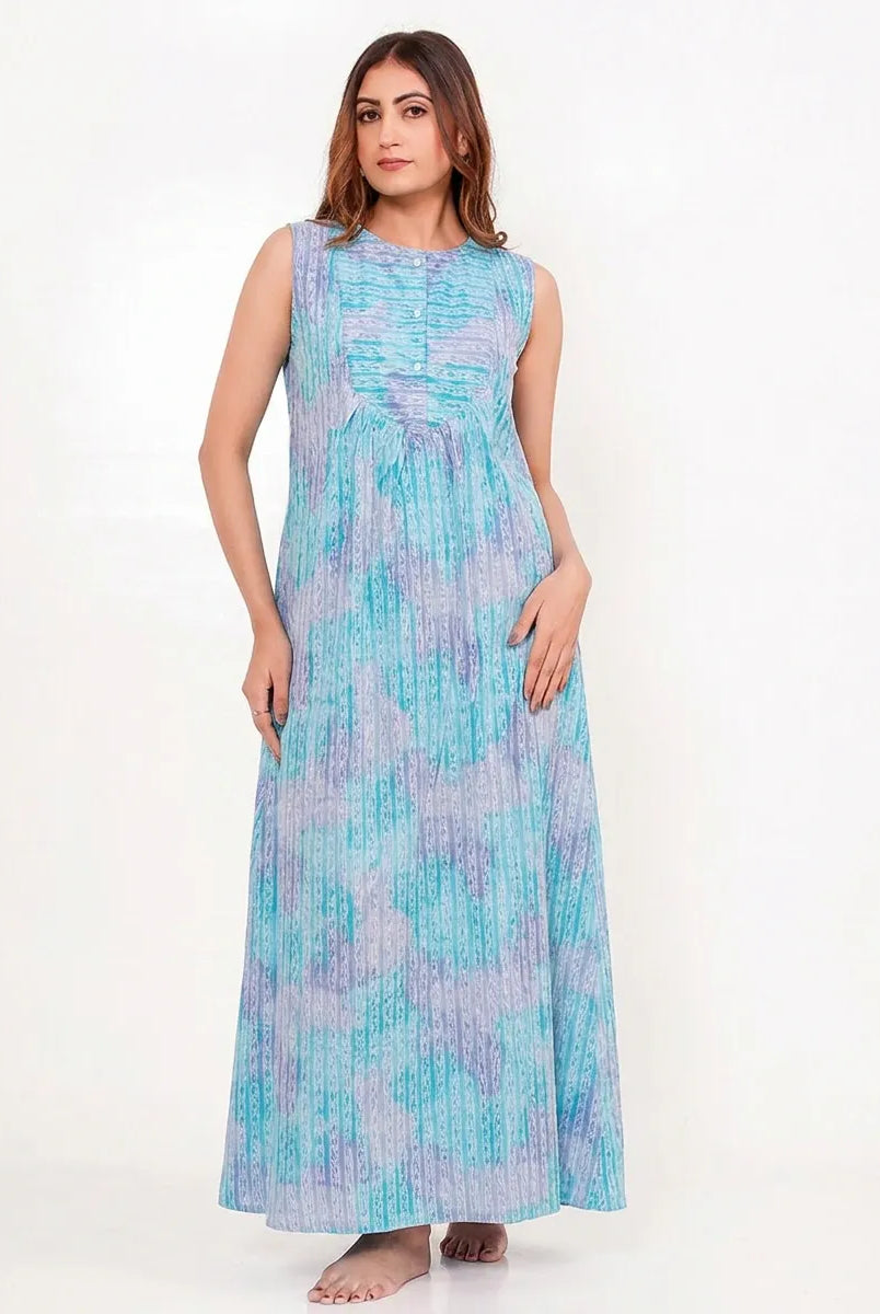 The Kaftan Company Nightwear Blue Watercolour Print Cotton Nightdress