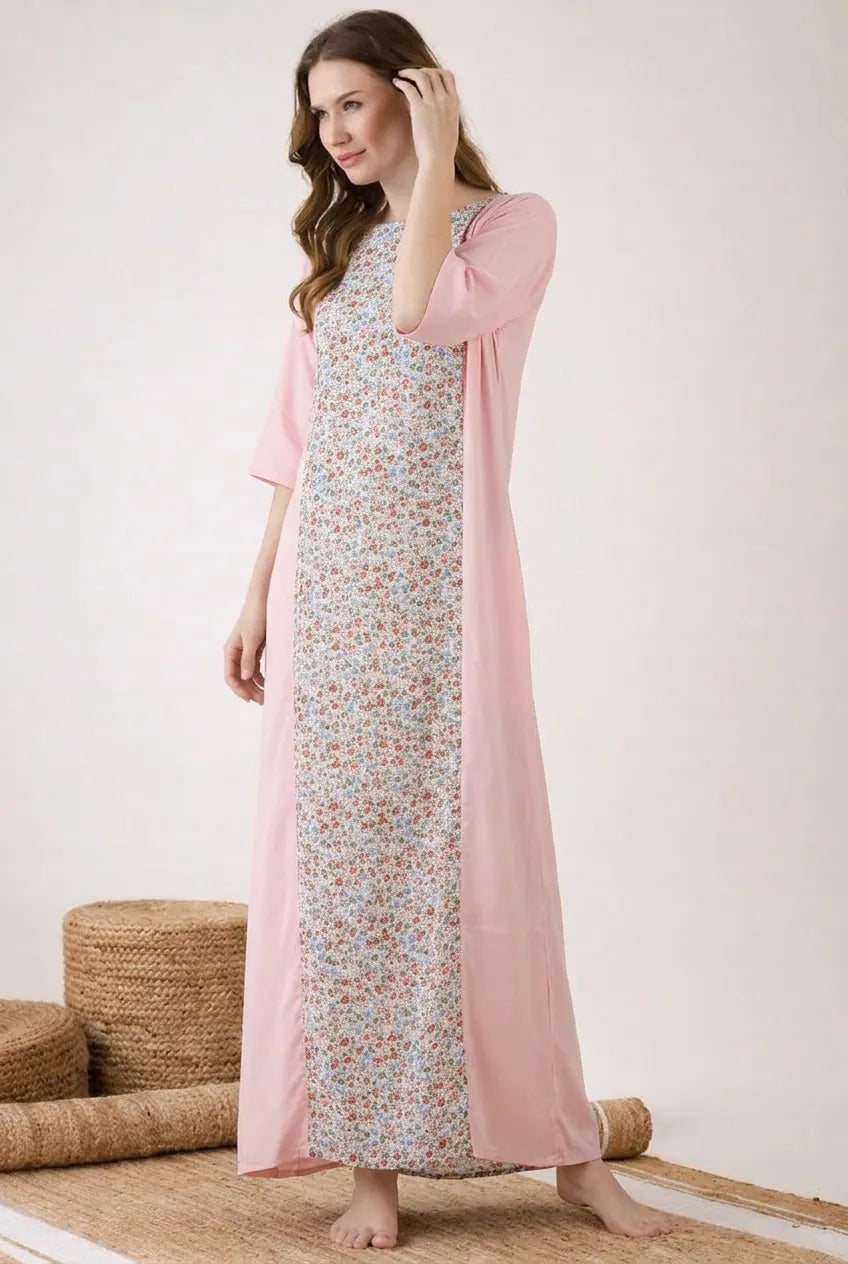 The Kaftan Company Nightwear Blush Pink Floral Panel Modal Nightdress