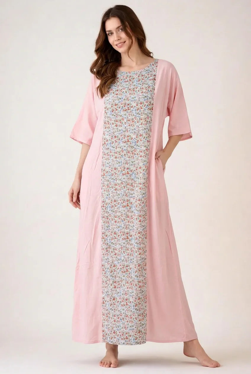 The Kaftan Company Nightwear Blush Pink Floral Panel Modal Nightdress