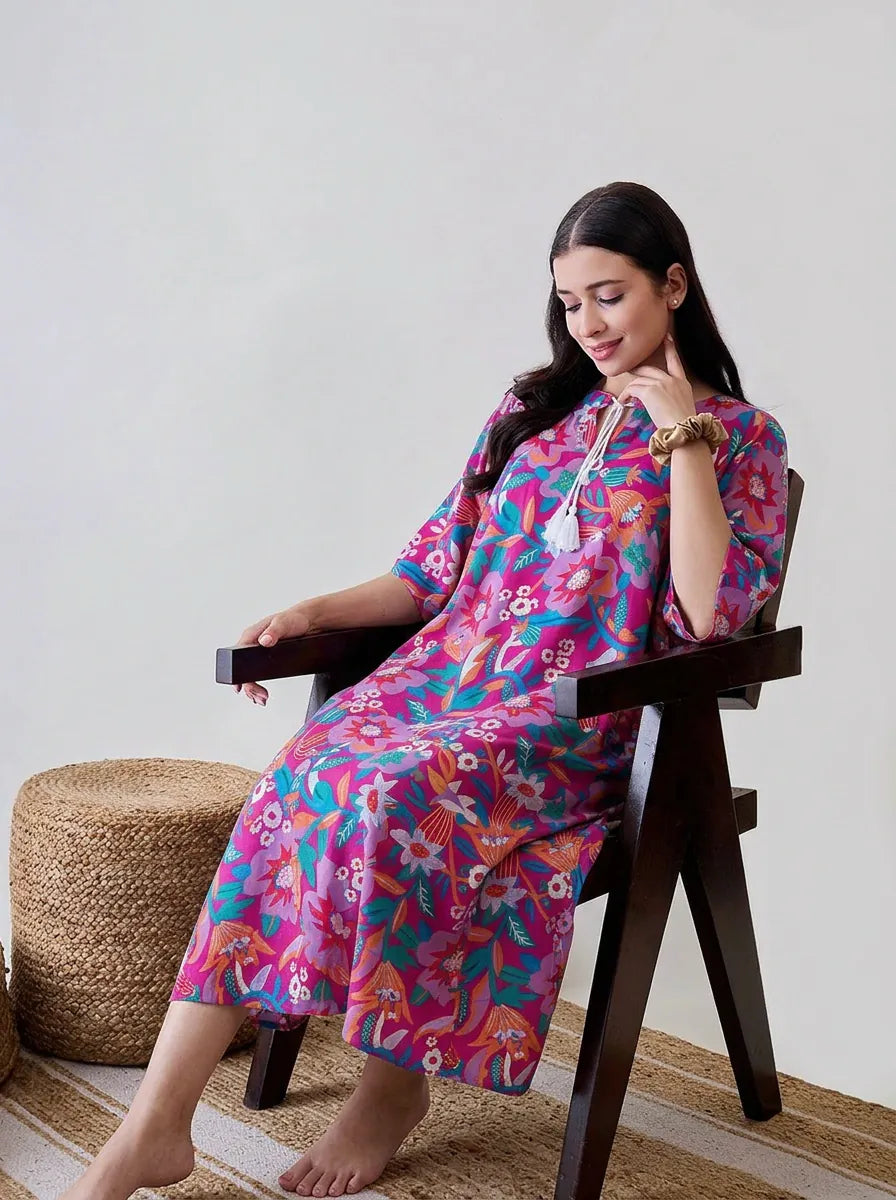 The Kaftan Company Nightwear Fuschia Bold Floral Print Viscose Nightdress