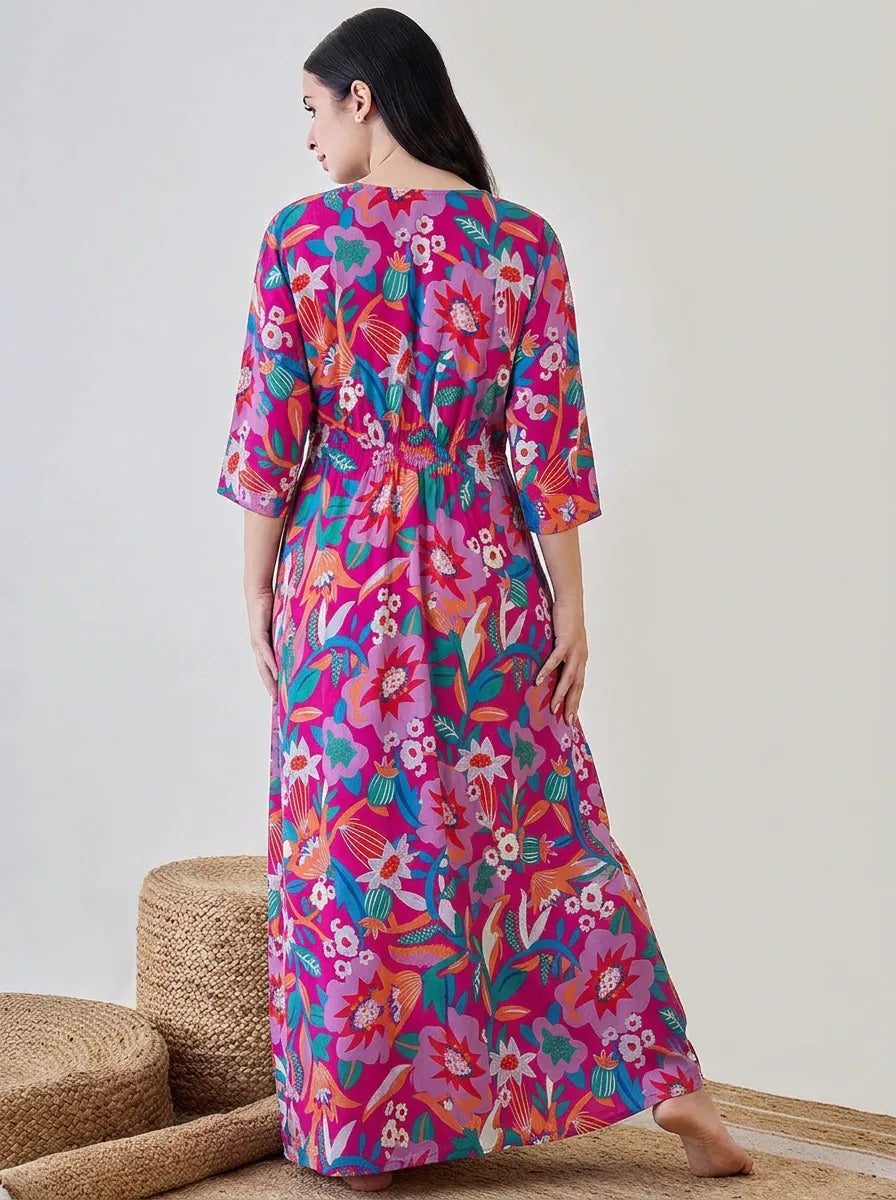 The Kaftan Company Nightwear Fuschia Bold Floral Print Viscose Nightdress