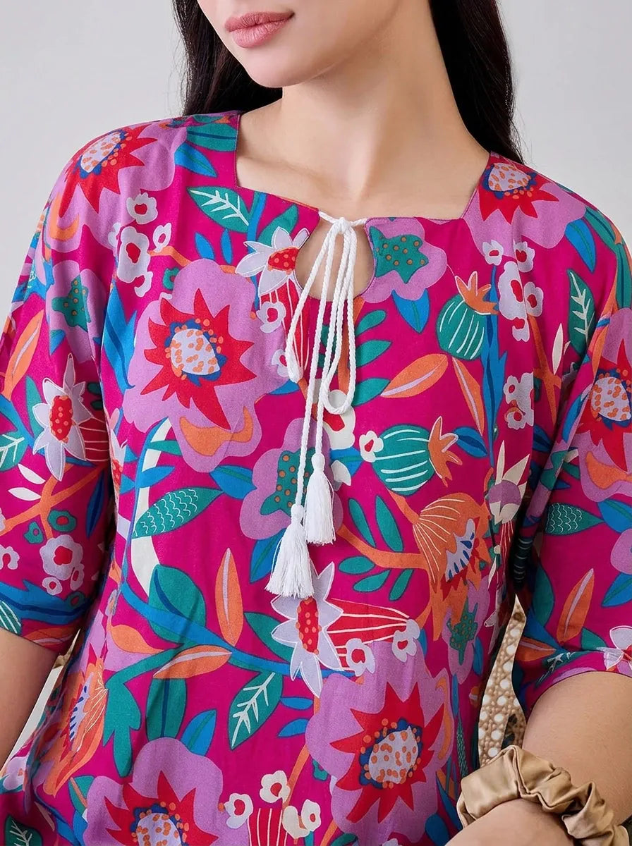 The Kaftan Company Nightwear Fuschia Bold Floral Print Viscose Nightdress