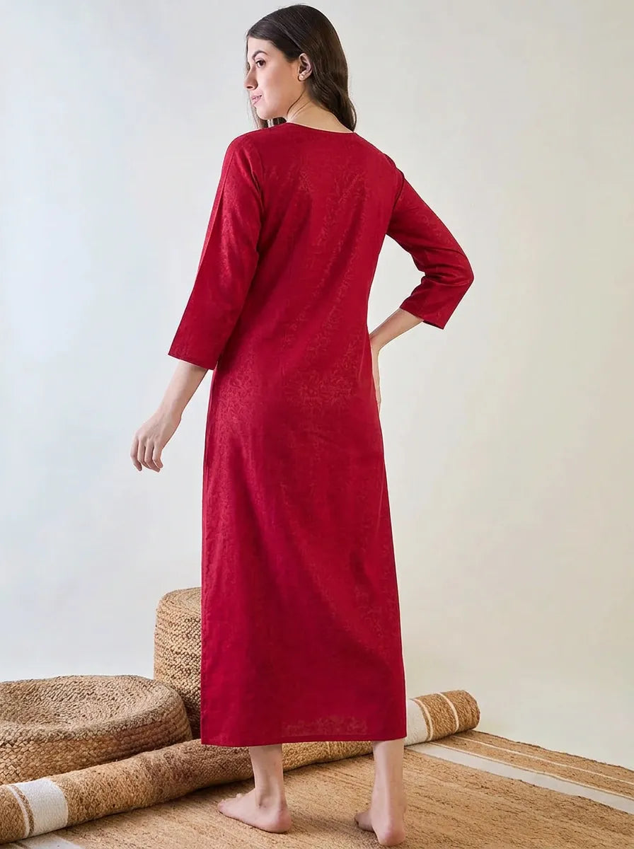 The Kaftan Company Nightwear Fuschia Floral Embroidered Yoke Modal Jacquard Nightdress