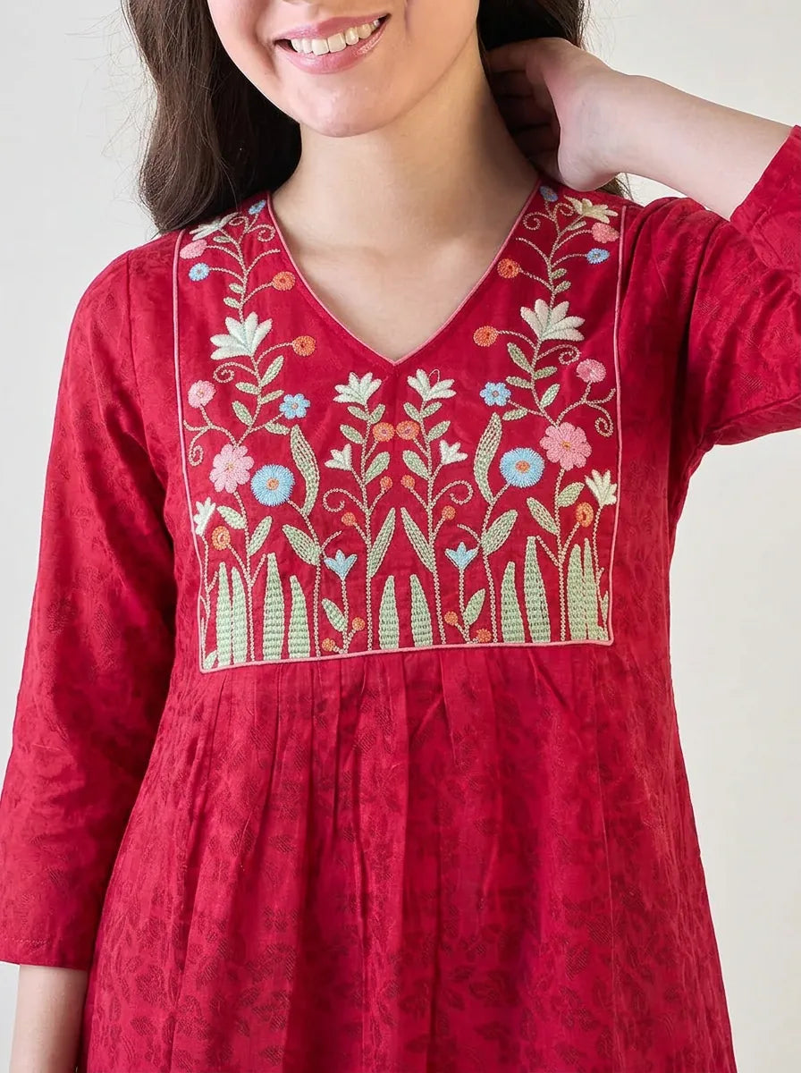 The Kaftan Company Nightwear Fuschia Floral Embroidered Yoke Modal Jacquard Nightdress