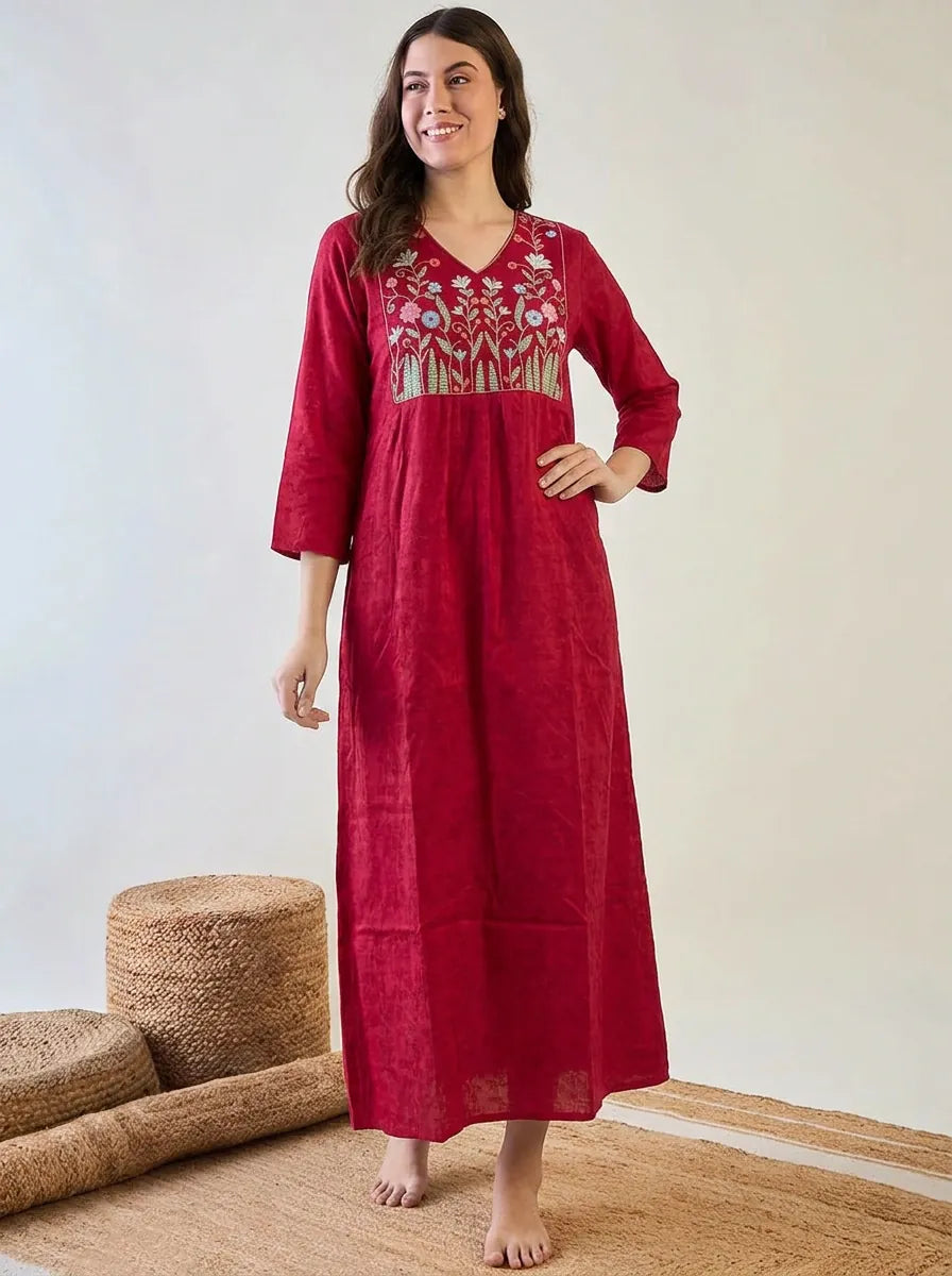 The Kaftan Company Nightwear Fuschia Floral Embroidered Yoke Modal Jacquard Nightdress