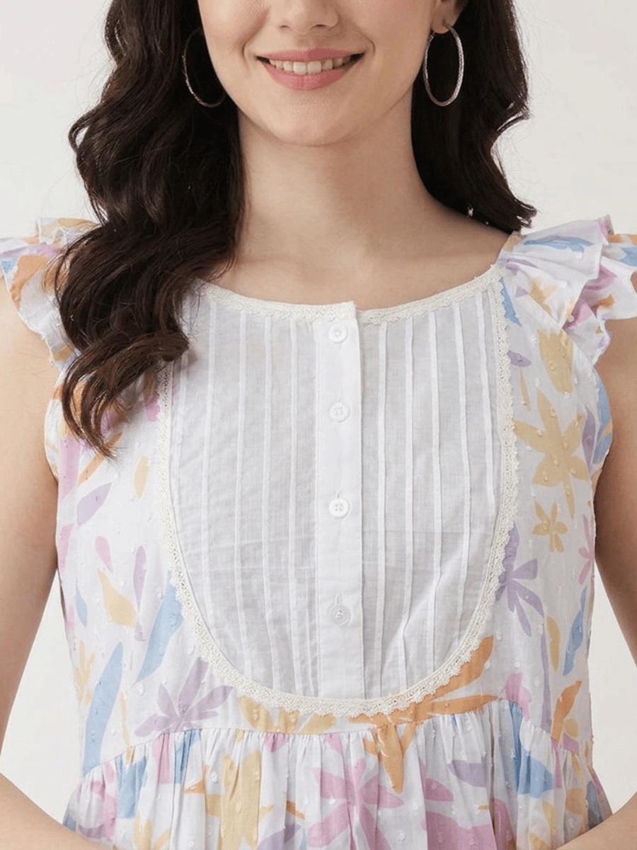 The Kaftan Company Nightwear Pastel Tropical Print Cotton Nightdress