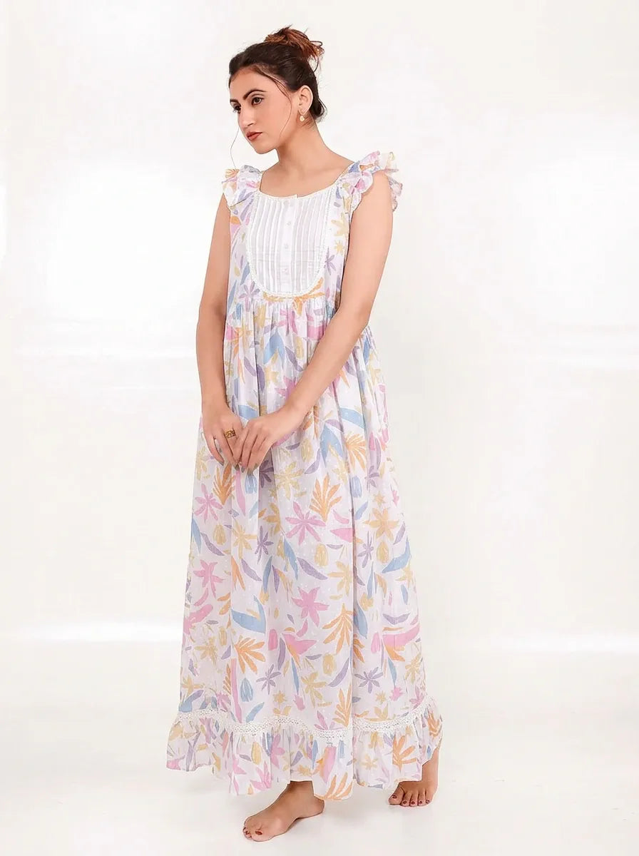 The Kaftan Company Nightwear Pastel Tropical Print Cotton Nightdress