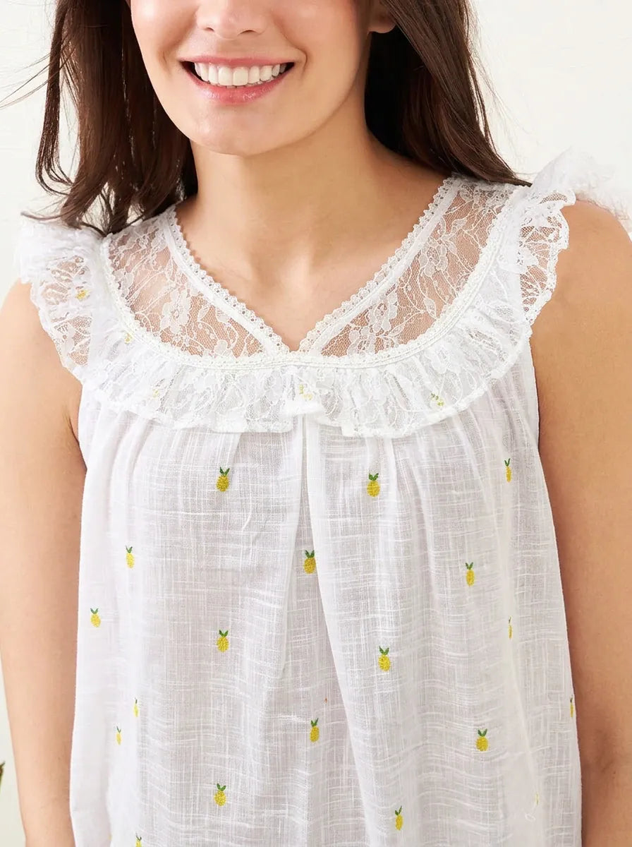 The Kaftan Company Nightwear Pineapple Ditsy White Cotton Nightdress