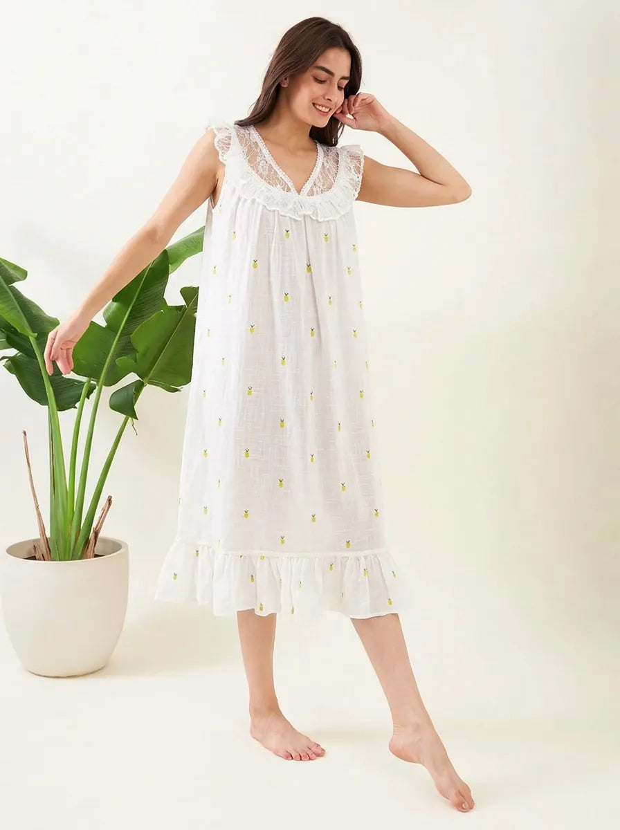 The Kaftan Company Nightwear Pineapple Ditsy White Cotton Nightdress