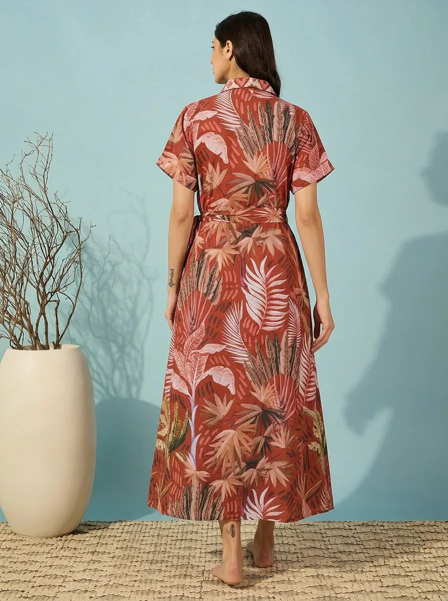 The Kaftan Company Nightwear Rust Tropical Leaf Print Cotton Sleep Gown