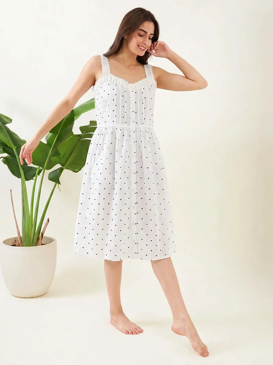 The Kaftan Company Nightwear White Heart Print Cotton Nightdress