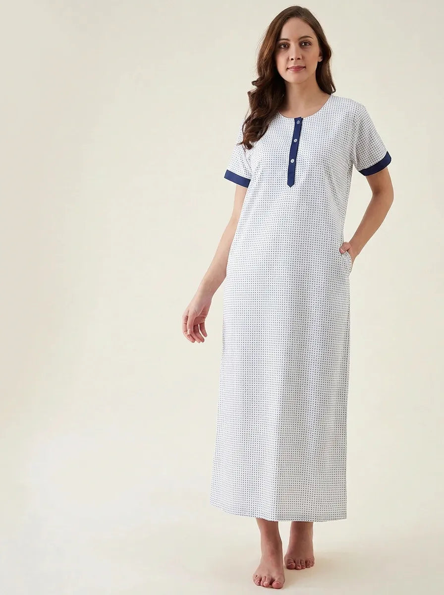 The Kaftan Company Nightwear White Navy Geometric Print Cotton Nightdress
