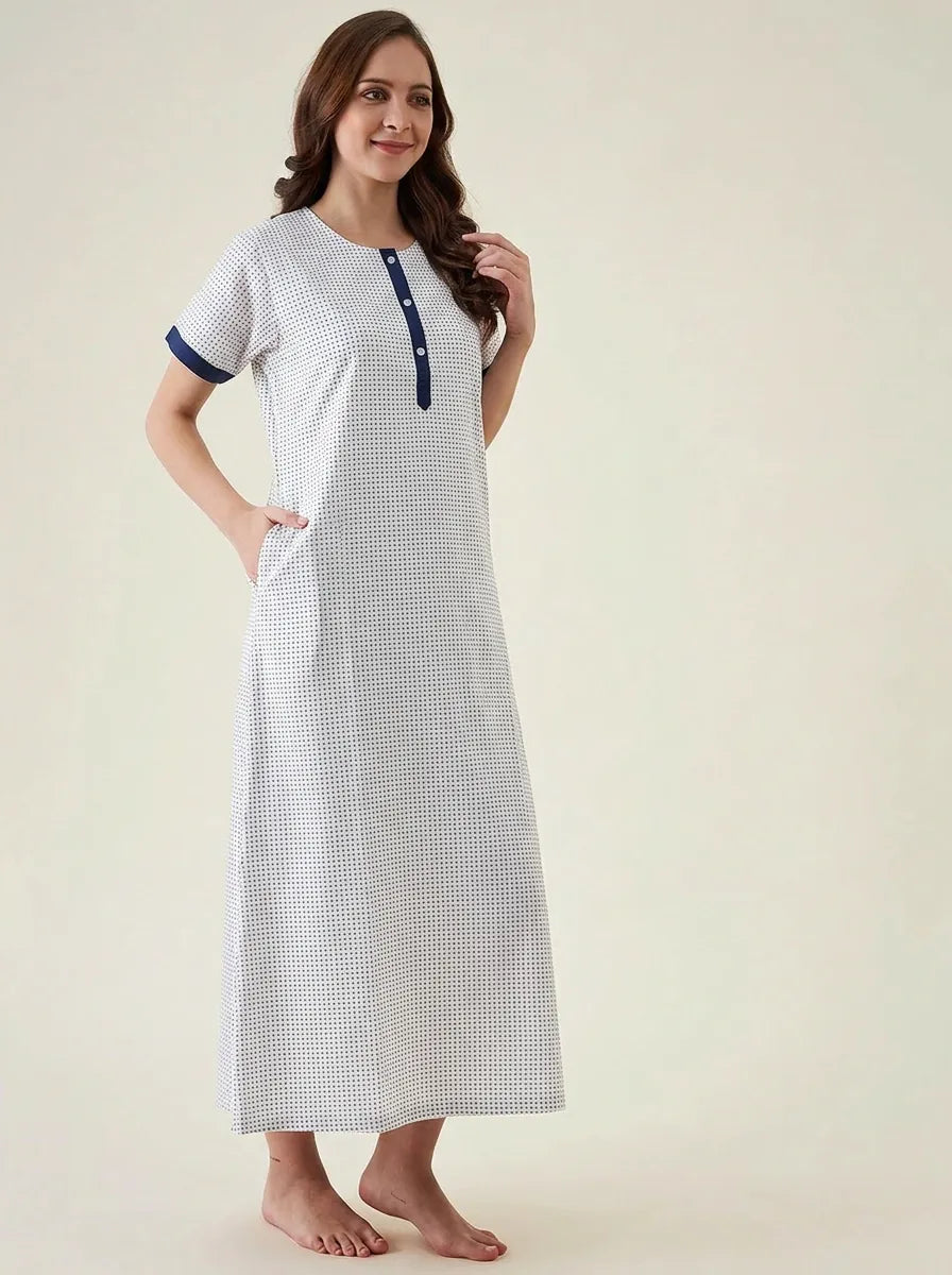 The Kaftan Company Nightwear White Navy Geometric Print Cotton Nightdress