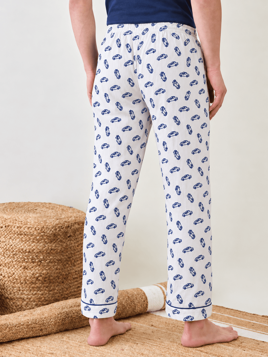 The Kaftan Company Pyjama Men's White Printed Cotton Pyjamas with Navy Piping